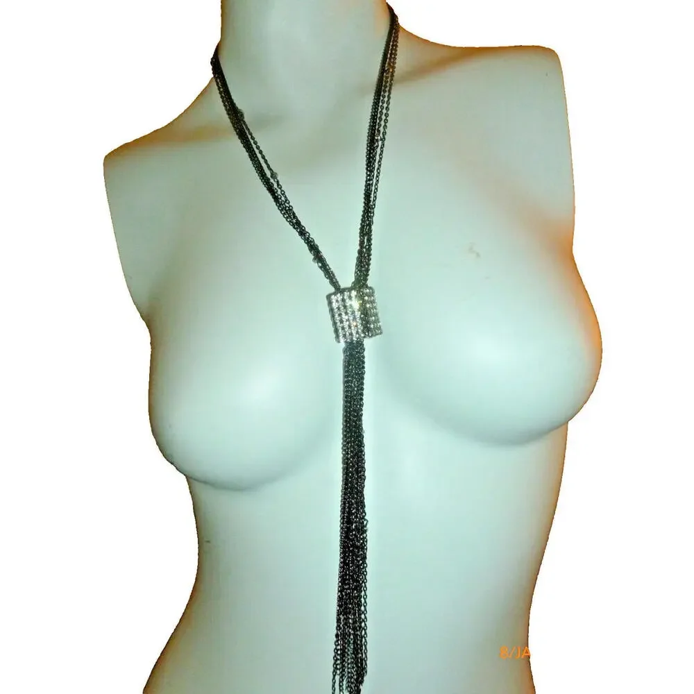 GUESS Retro Silver Tone Gunmetal Chain Tassel Long Layering Necklace 17